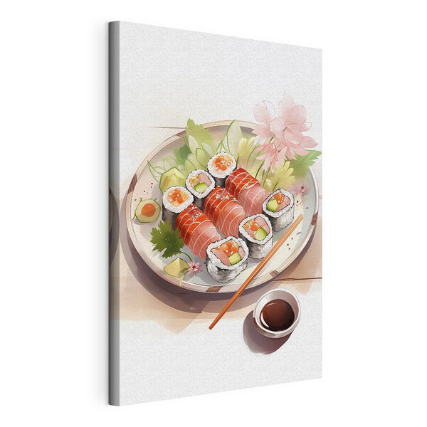 Talíř se sushi s omáčkou a květinami Obraz Talíř se sushi s omáčkou a květinami