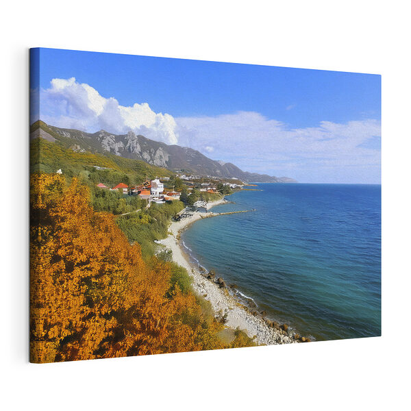 Obraz Pláž s domy a stromy po stranách