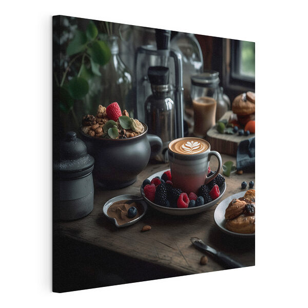 Šálek kávy s latte art na talíři s ovocem a cereáliemi Obraz Šálek kávy s latte art na talíři s ovocem a cereáliemi