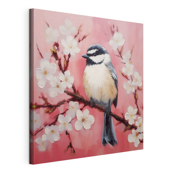 Pták na větvi s bílými květy Obraz Pták na větvi s bílými květy