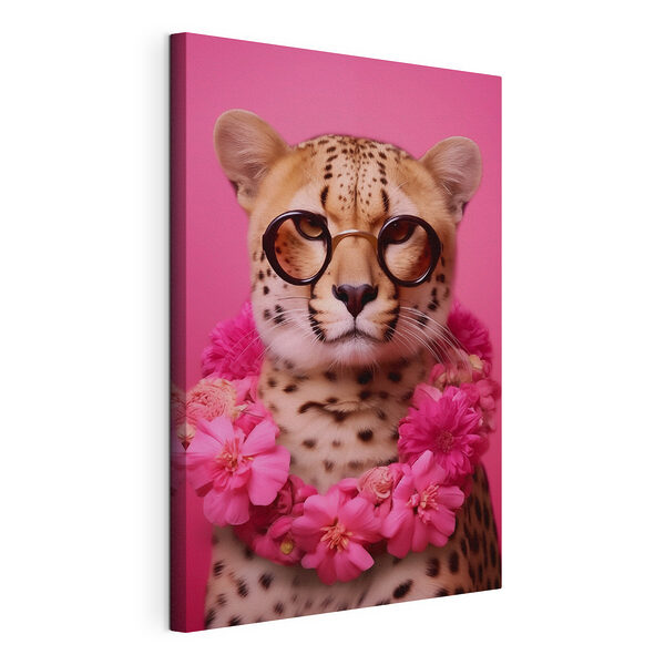 Obraz Leopard s brýlemi a náhrdelníkem z květin