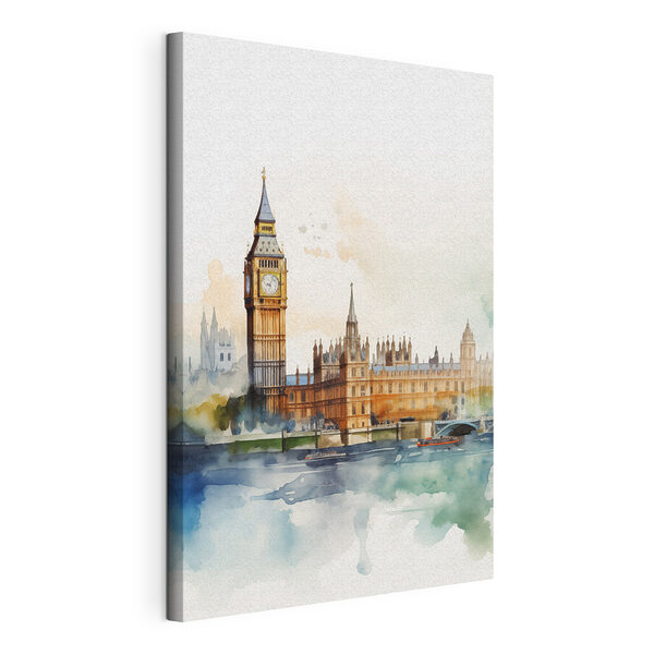 Canvas print Watercolor of a building with a clock tower Obraz Canvas print Watercolor of a building with a clock tower