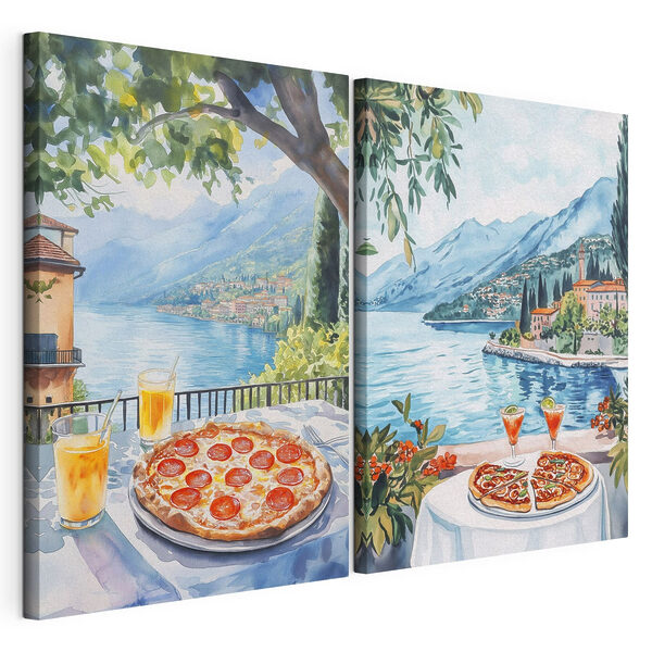 Akvarelová malba stolu s pizzami a nápoji Modulární tisk na plátně Akvarelová malba stolu s pizzami a nápoji