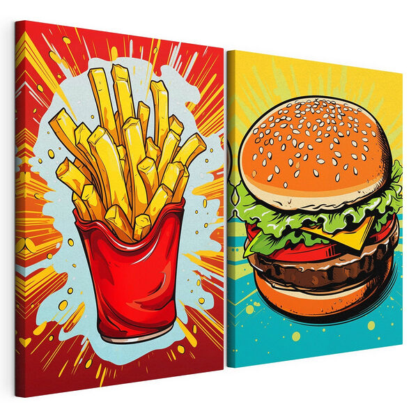 Burger a hranolky v červeném sáčku Modulární tisk na plátně Burger a hranolky v červeném sáčku